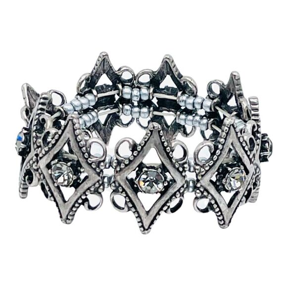Silvertone Gunmetal Gray Diamond Rhinestone Beaded Stretch Bracelet - Picture 1 of 2
